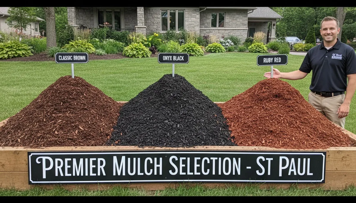 Mulch color variety display with brown, black, and red options for St Paul, MN landscaping projects