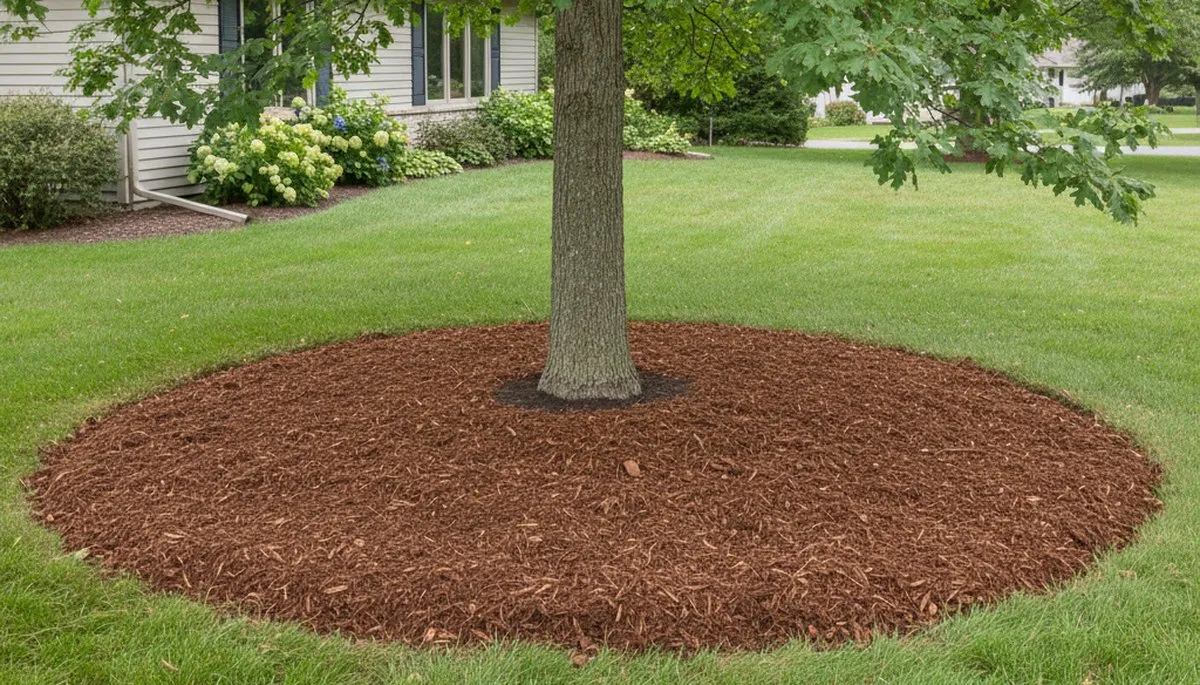 Professional tree ring mulching around healthy tree base in St Paul, MN landscaping by Chop Chop Landscaping
